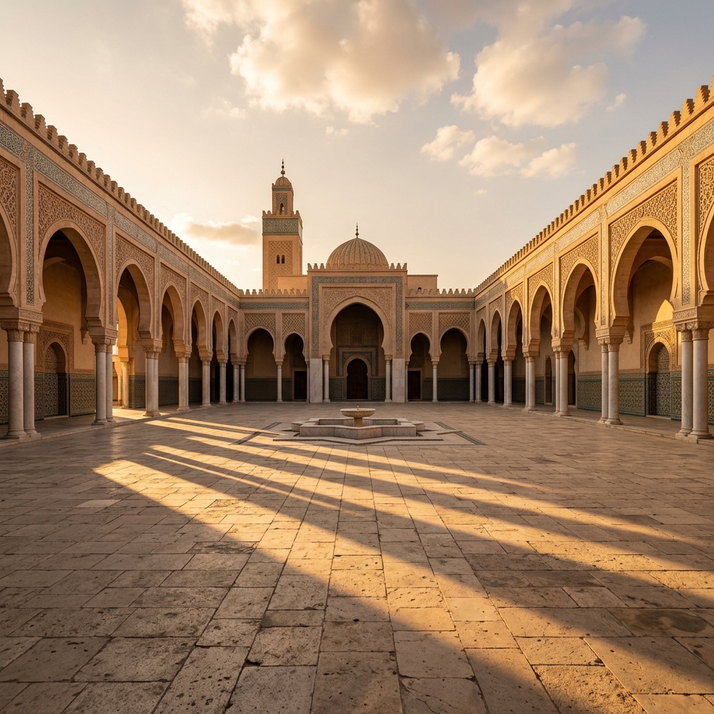 Long golden shadows cross an empty mosque courtyard with symmetrical arches