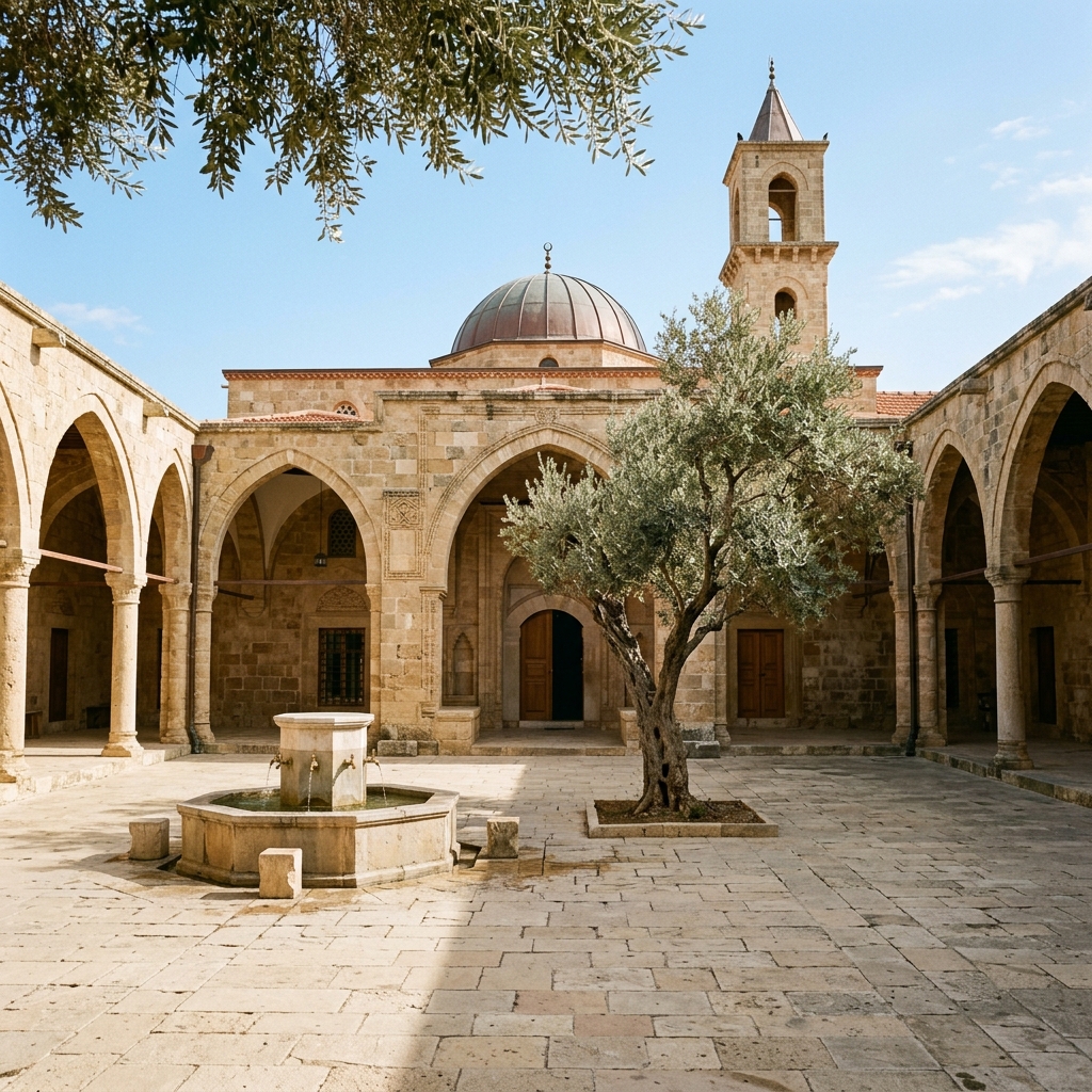 An old olive tree shades a stone mosque courtyard with a small fountain