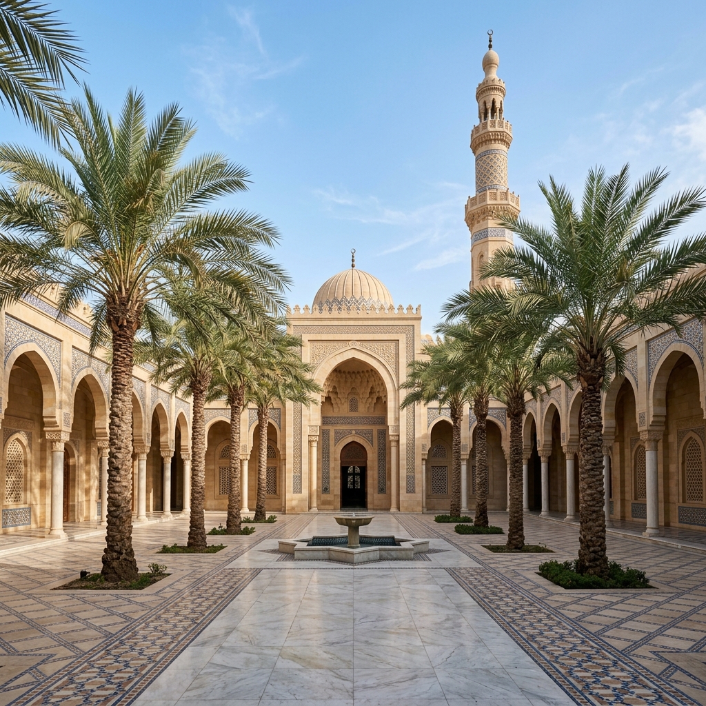 Date palms line a peaceful mosque courtyard under a clear sky