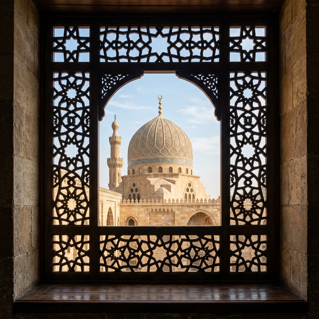 A mosque dome is framed by a finely carved lattice window