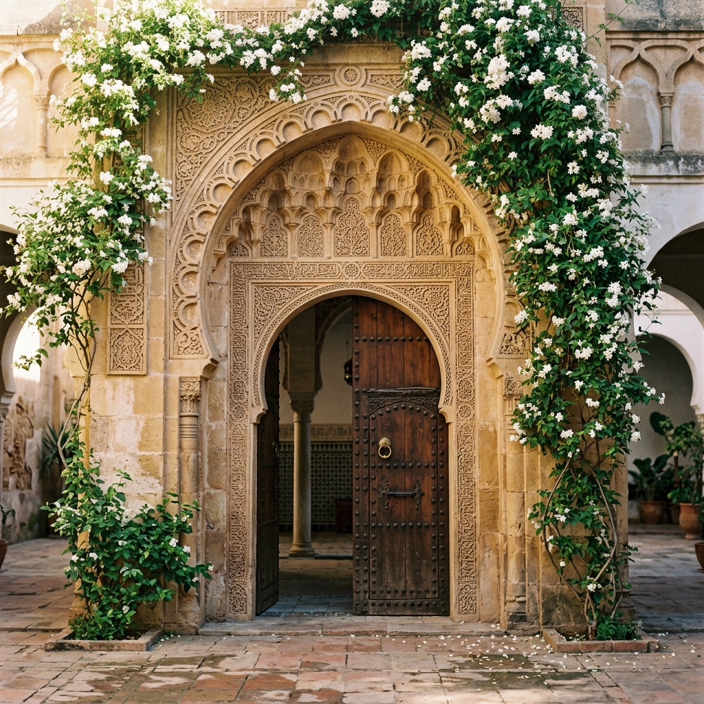 A carved mosque doorway is framed by fresh jasmine vines and soft afternoon light