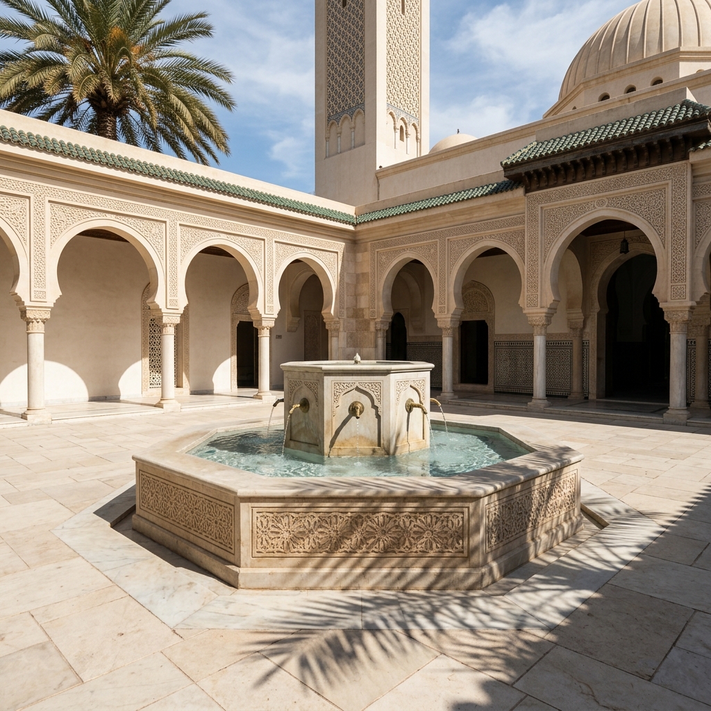Palm shadows fall across a clean mosque fountain and pale stone tiles