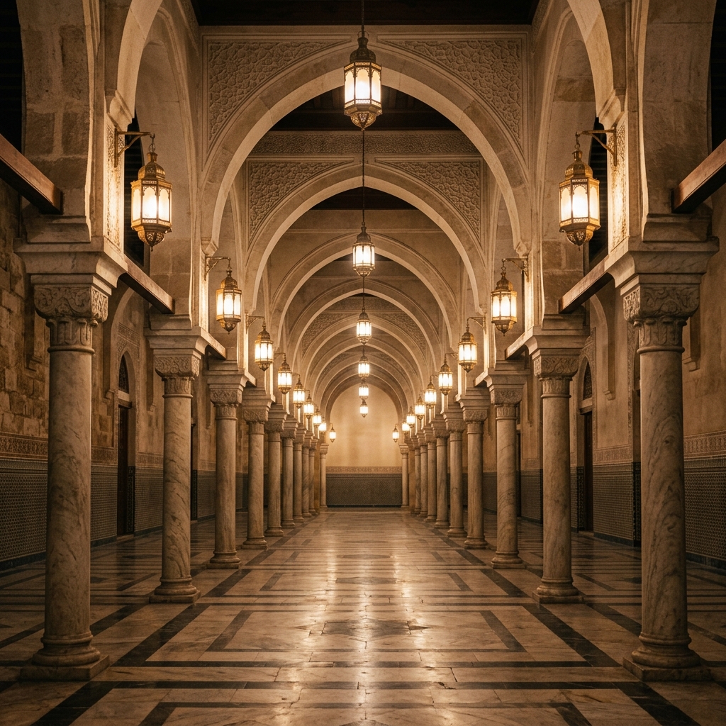 Warm lanterns illuminate a long mosque corridor with repeated pointed arches