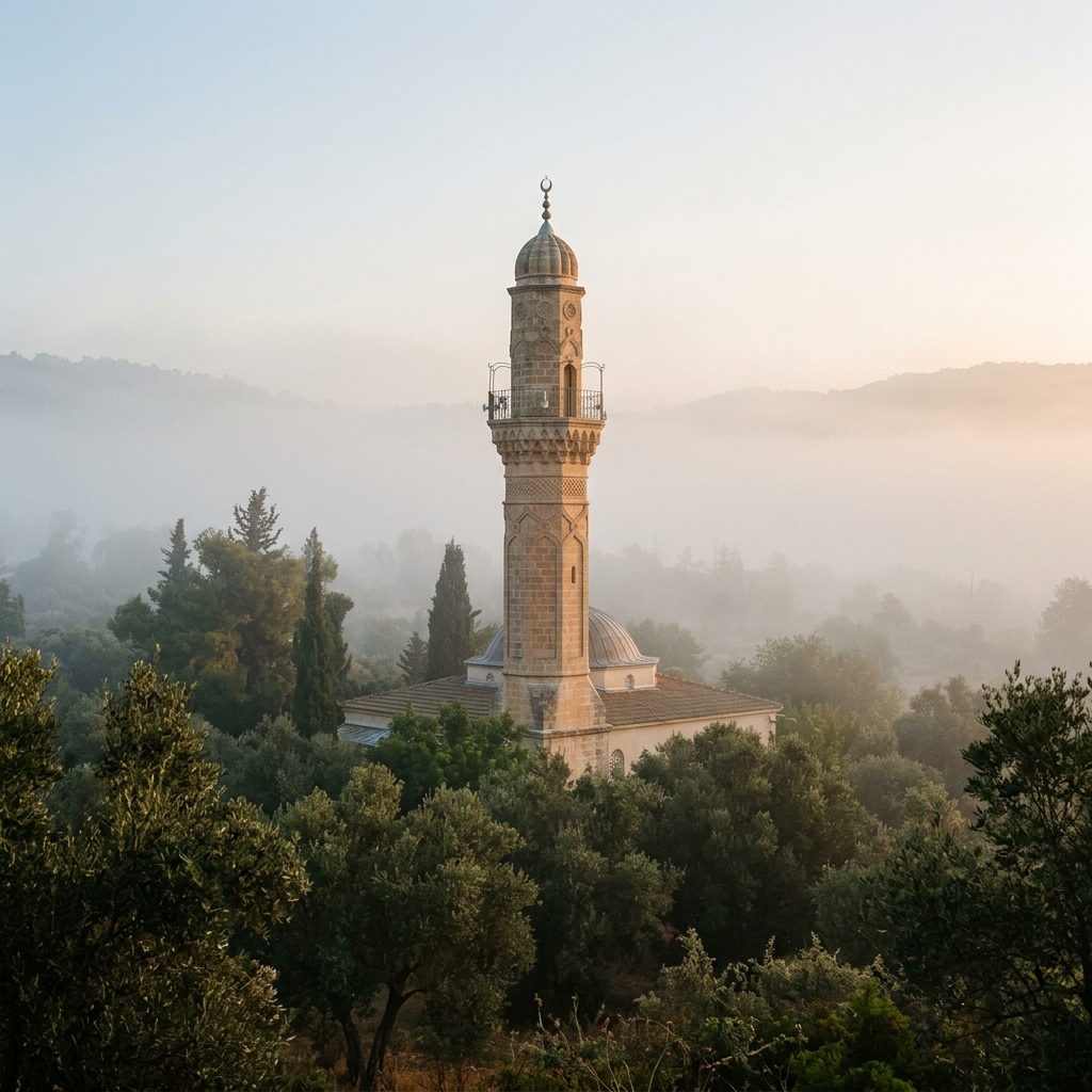 A mosque minaret emerges softly from morning fog above a grove of trees