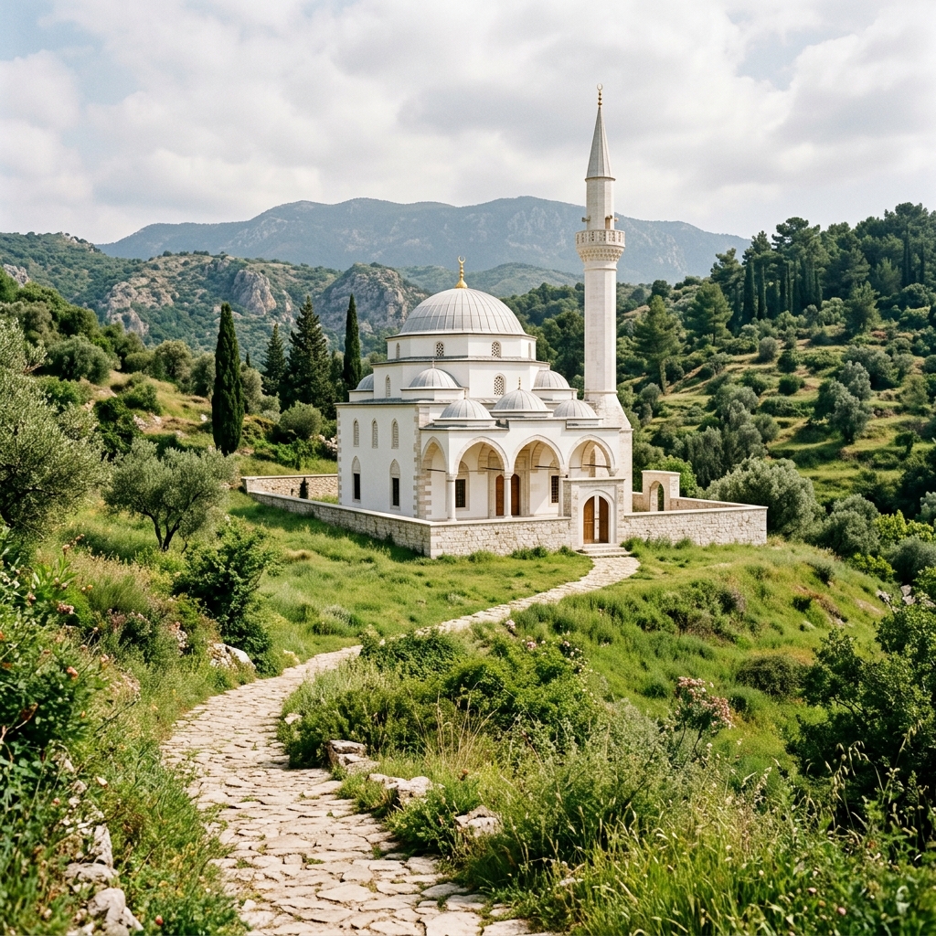 A white mosque stands on a grassy hillside beside a winding stone path
