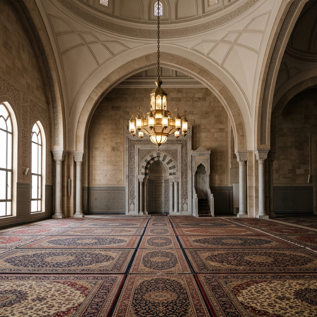 A simple elegant chandelier hangs above patterned carpets in an empty prayer hall