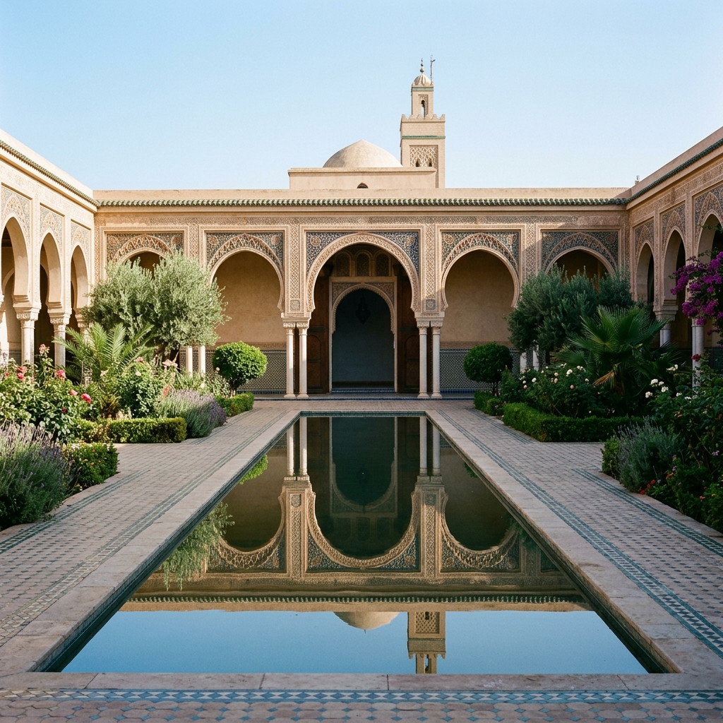 A mosque portico reflects in a small rectangular garden pool surrounded by greenery