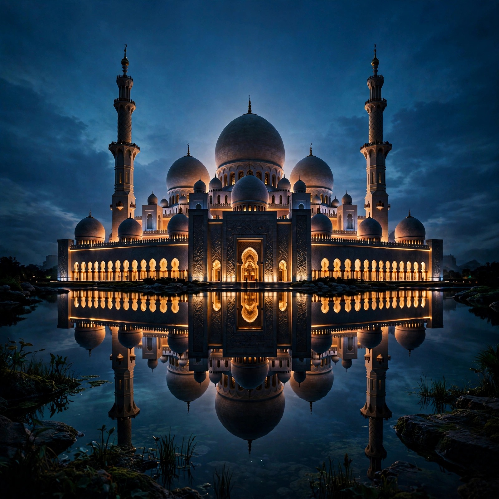 Mosque with domes and minarets reflected in still water at blue hour