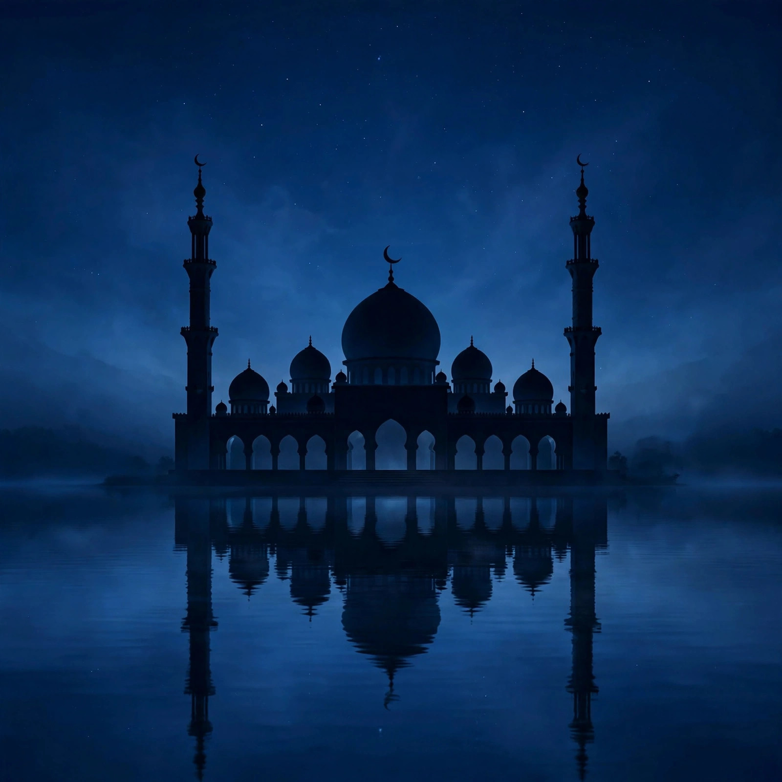Mosque silhouette with domes and minarets at deep blue hour reflected in calm water