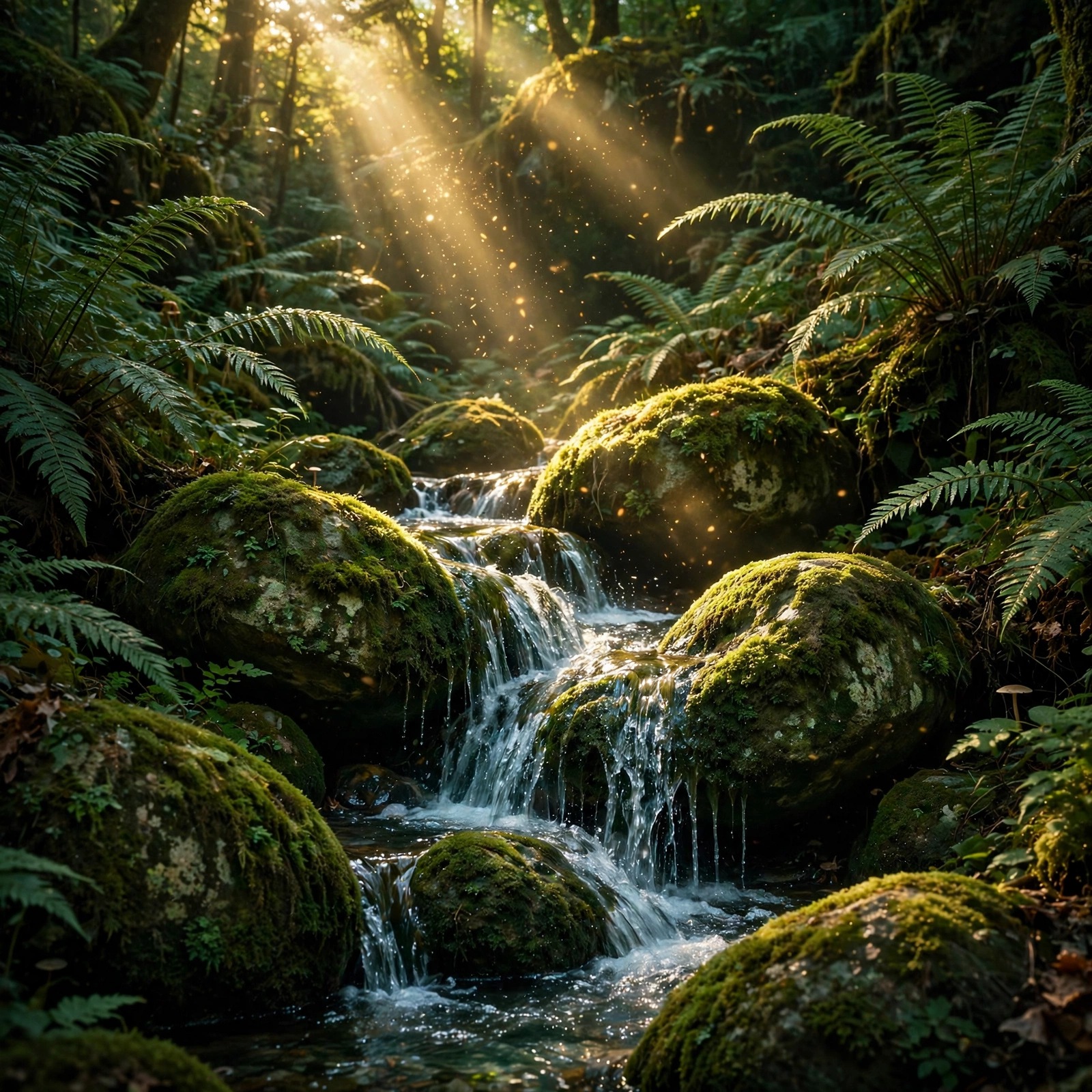 mossy forest stream with sunbeams nature dp