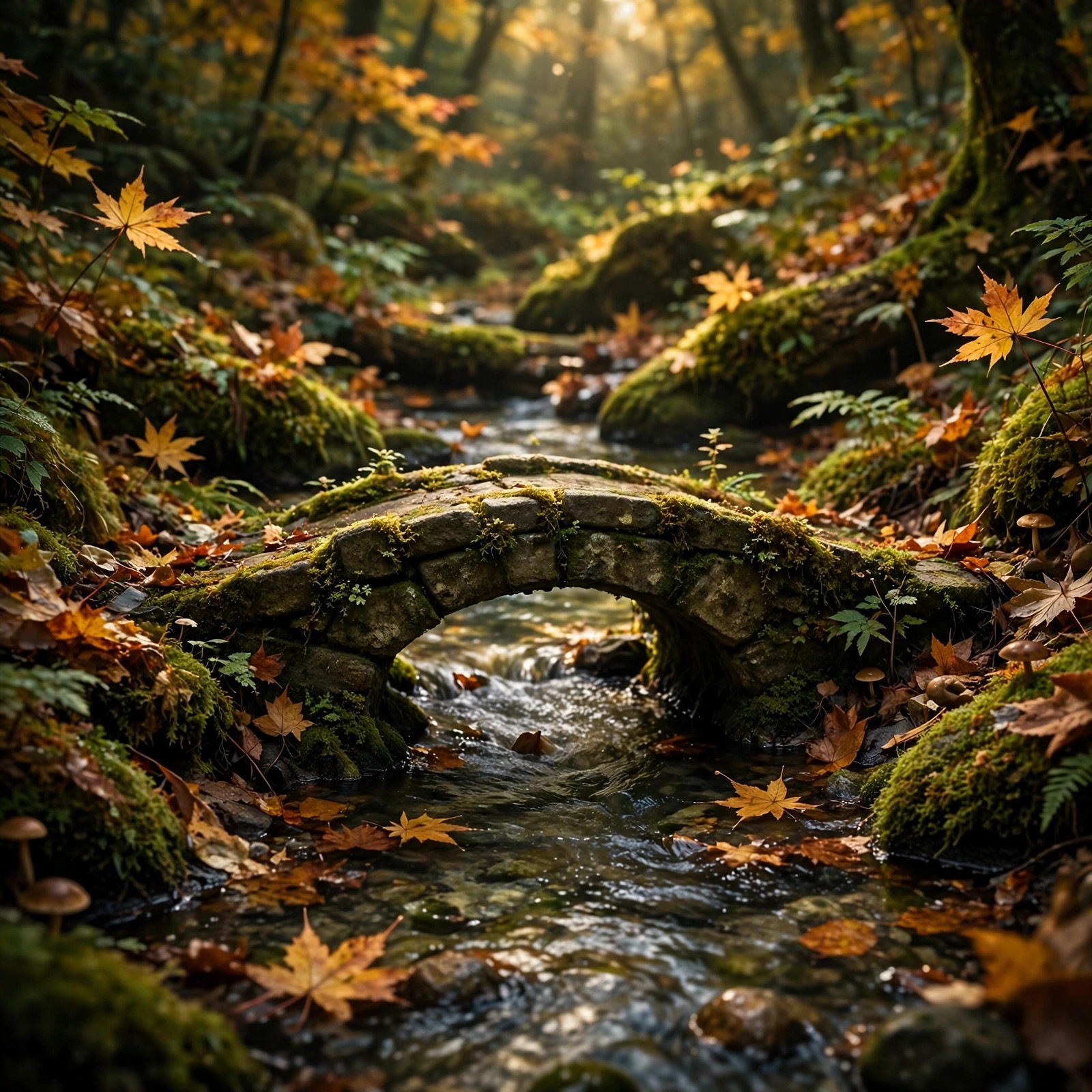 Mossy stone bridge over a forest stream in autumn
