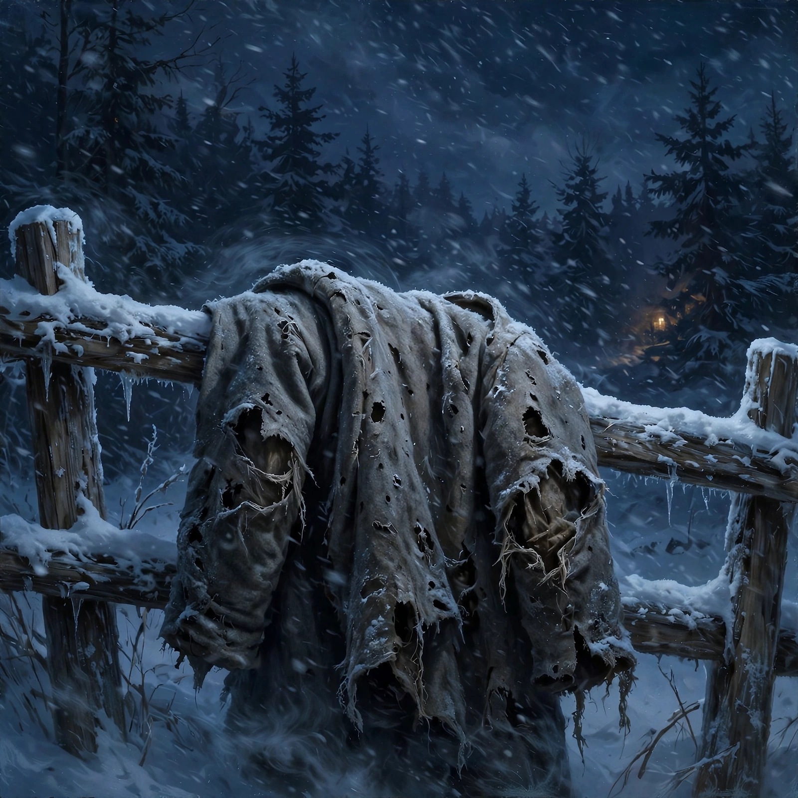 Old torn wool coat draped over a snowy wooden fence in a snowstorm at dusk, sad WhatsApp DP