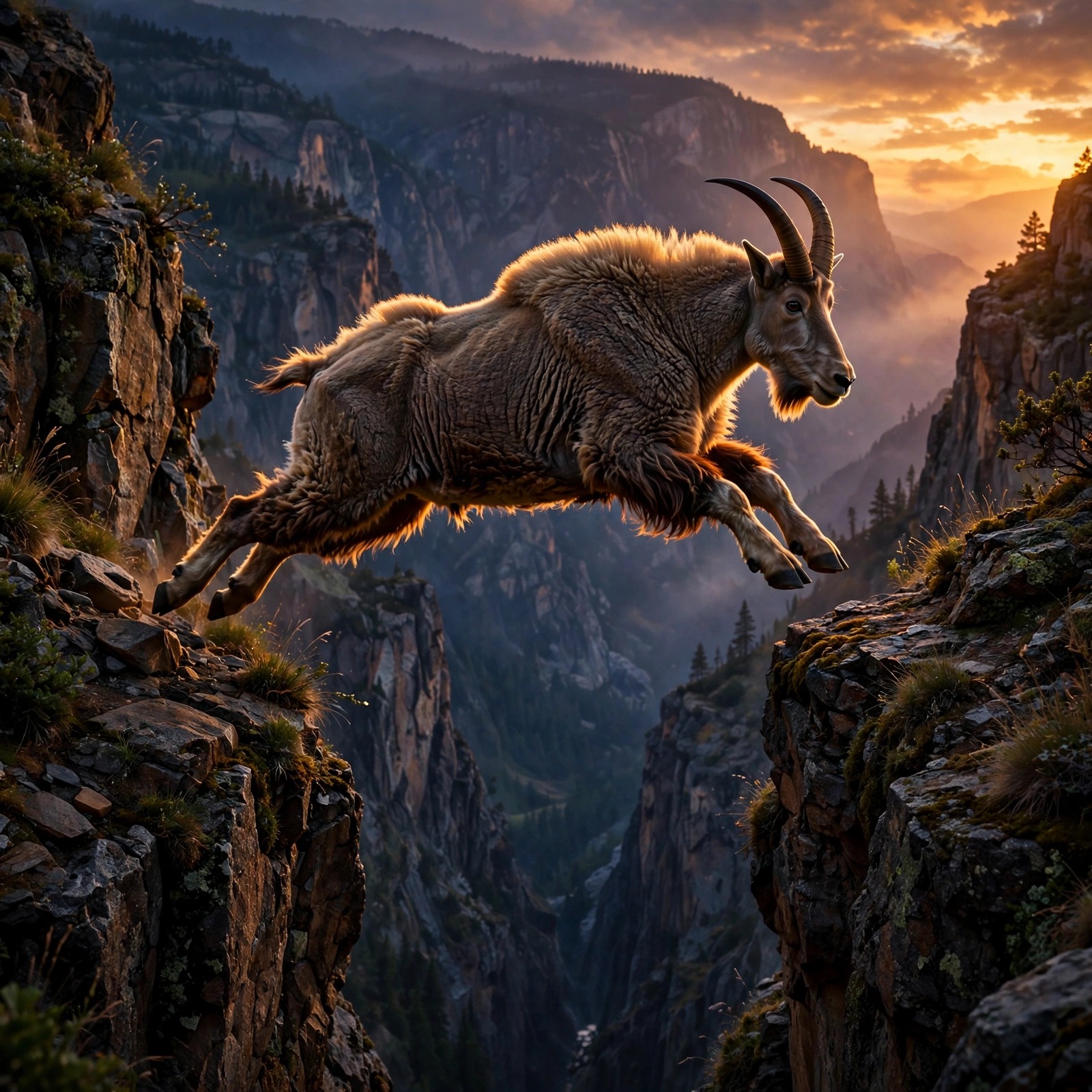 Mountain goat leaping across a cliff gap at sunset, motivational DP