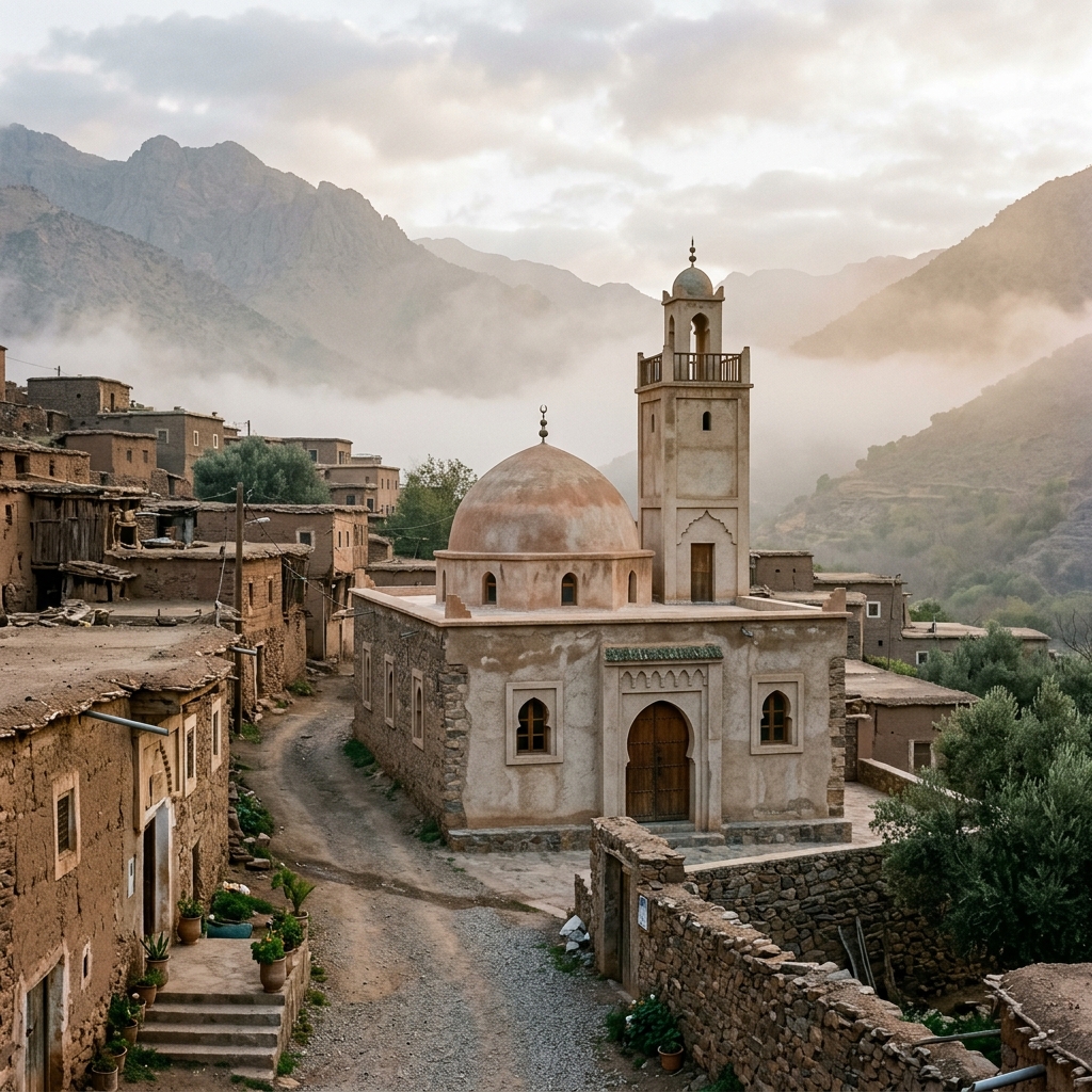 A modest village mosque stands among mountain houses in soft dawn mist