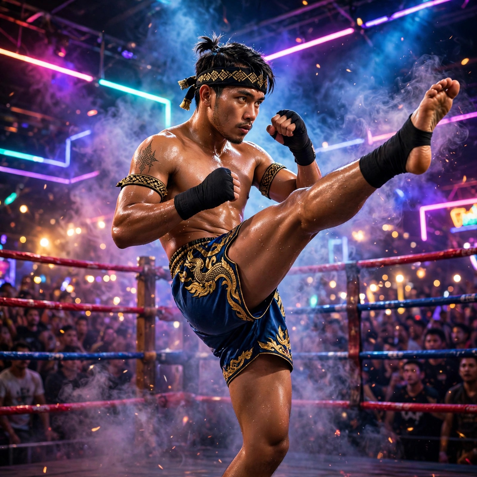 Muay Thai Fighter Mid-Kick in Neon Ring