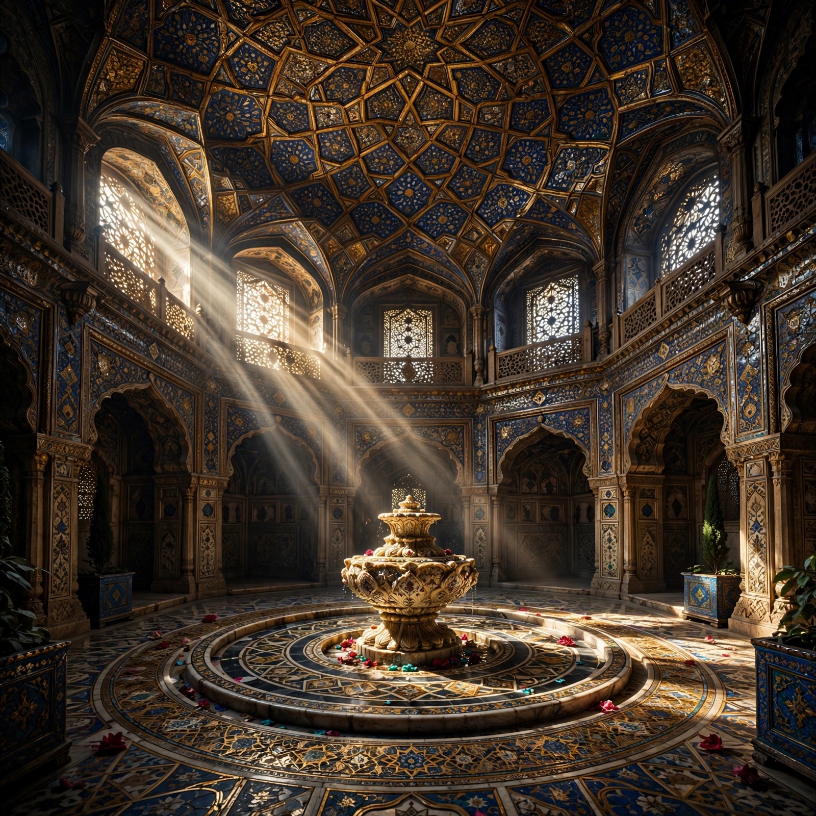 Mughal palace interior with gold and lapis star-pattern ceiling and shafts of light