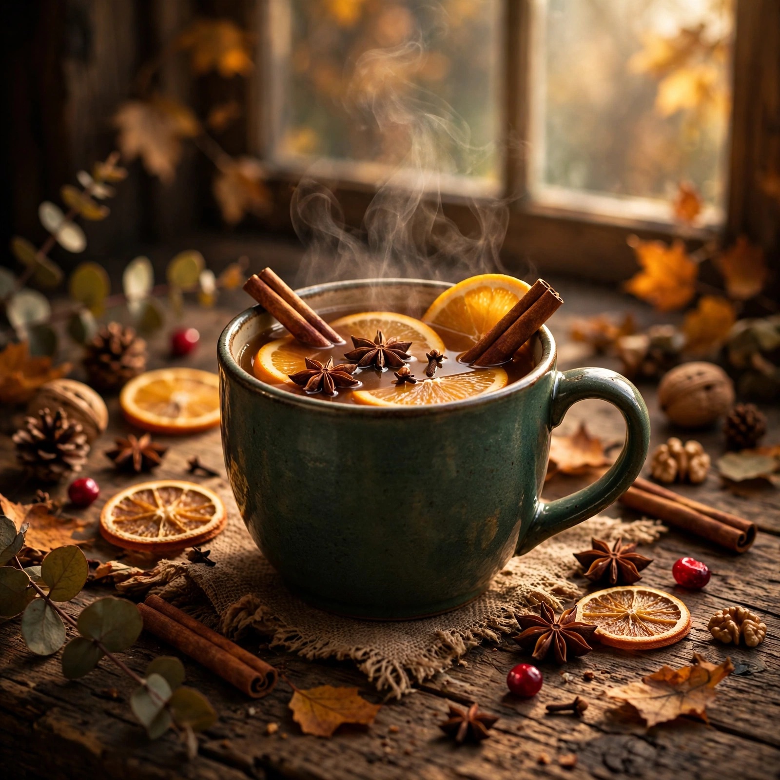 Steaming mulled cider mug with cinnamon and orange slices