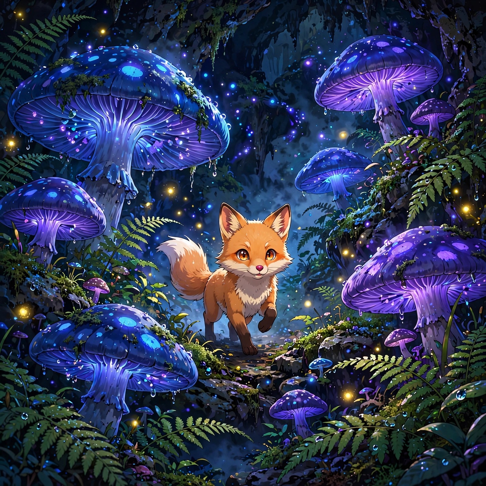 Orange fox among giant glowing mushrooms in a moonlit grotto, profile picture