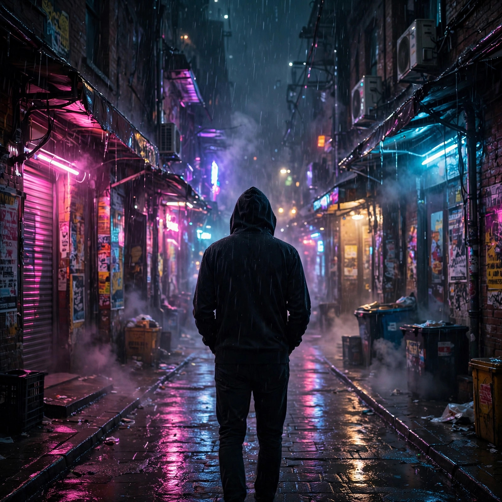 Mysterious fictional man in a black hoodie walking away through a neon-lit rainy alley at night