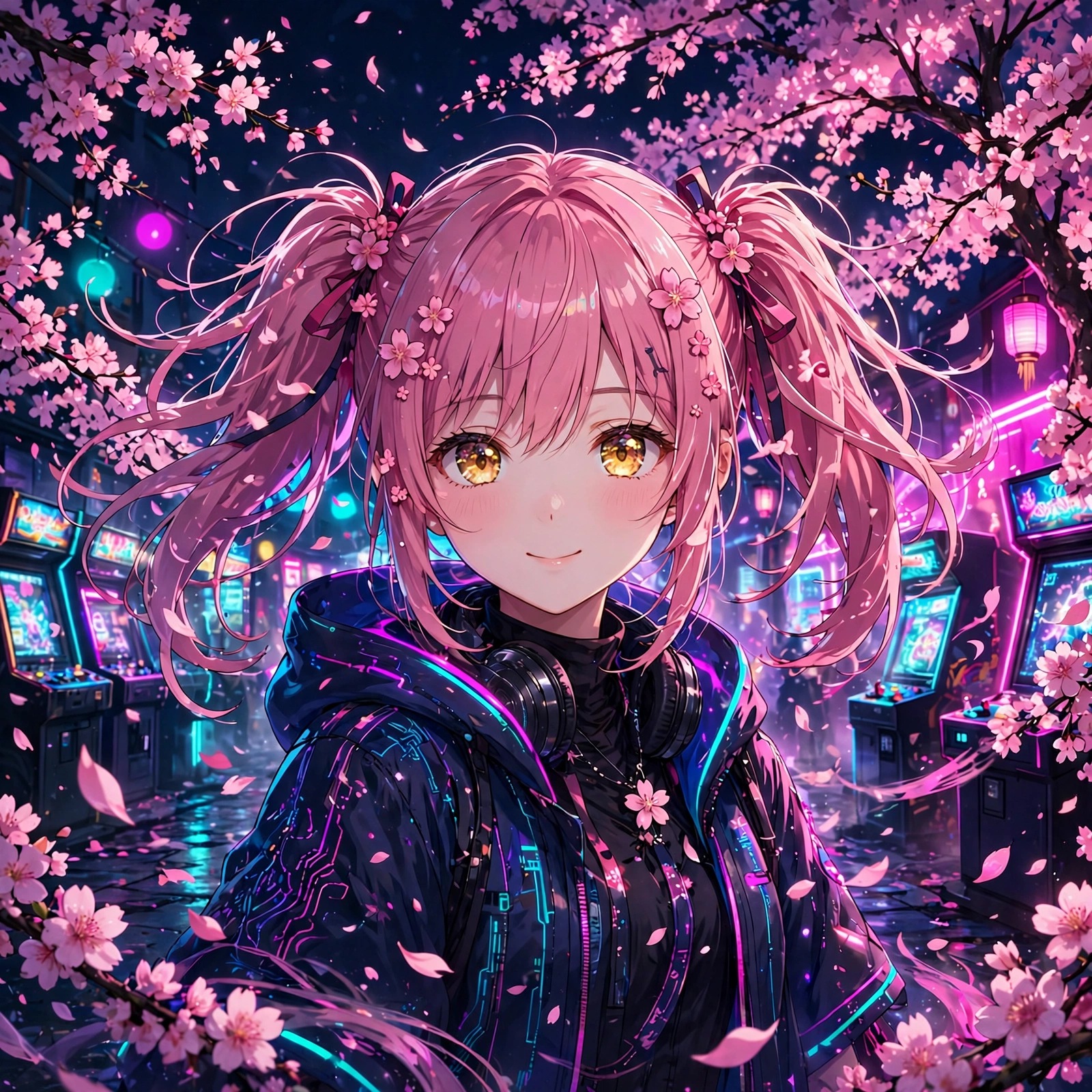 Anime girl with pink twin tails in neon cherry blossom arcade street, anime WhatsApp DP