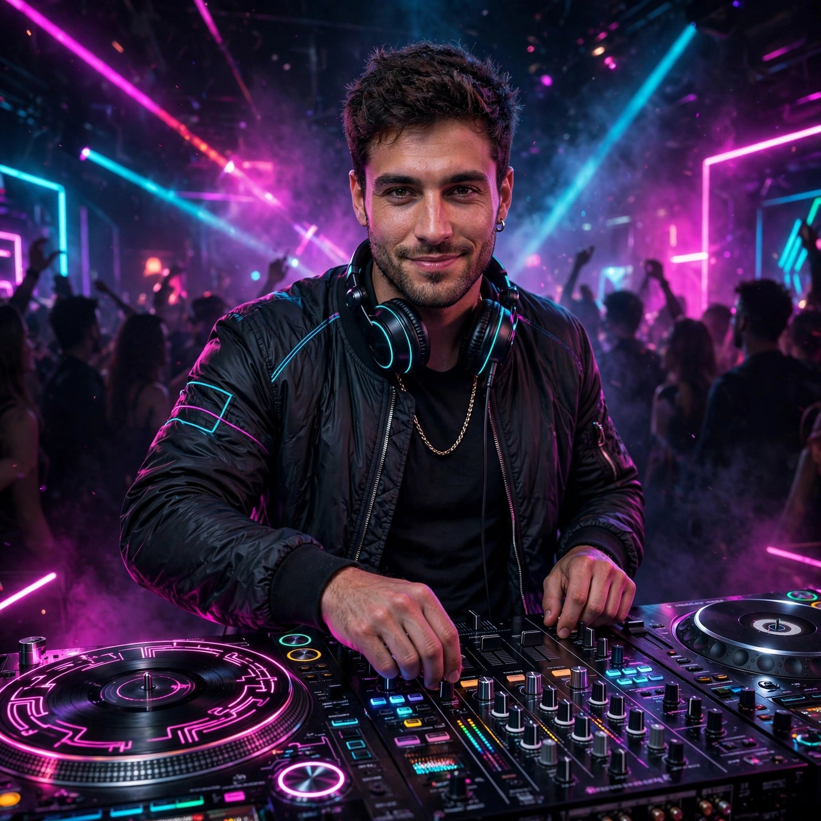 dj spinning turntables in neon club attitude dp