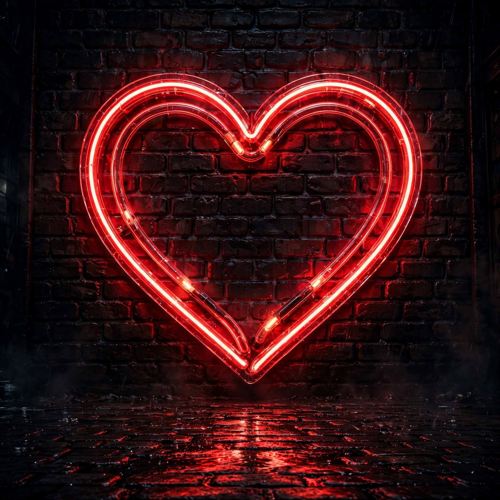 a giant glowing red neon heart on a dark wet brick wall