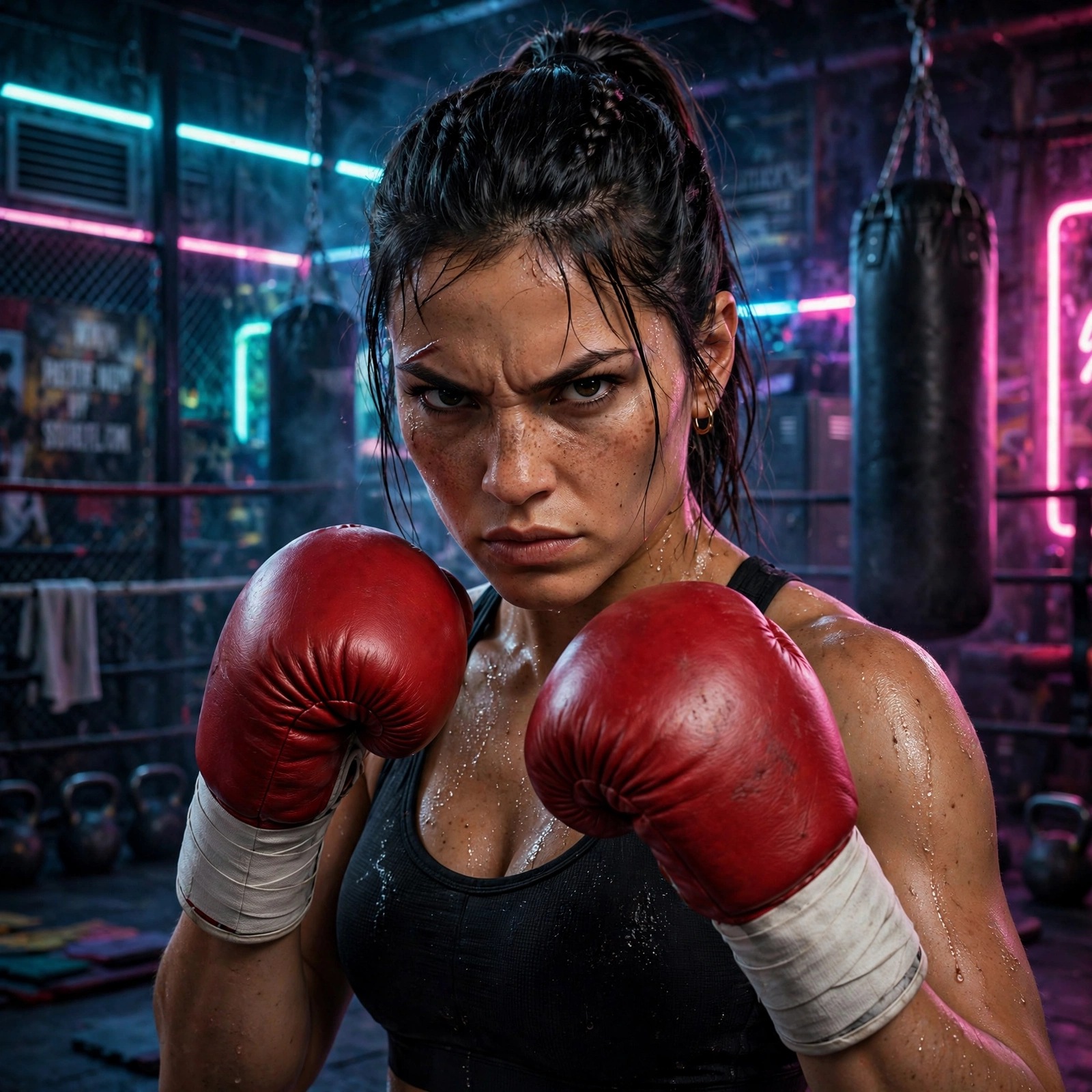 Neon kickboxer woman profile picture — original AI artwork for WhatsApp DP