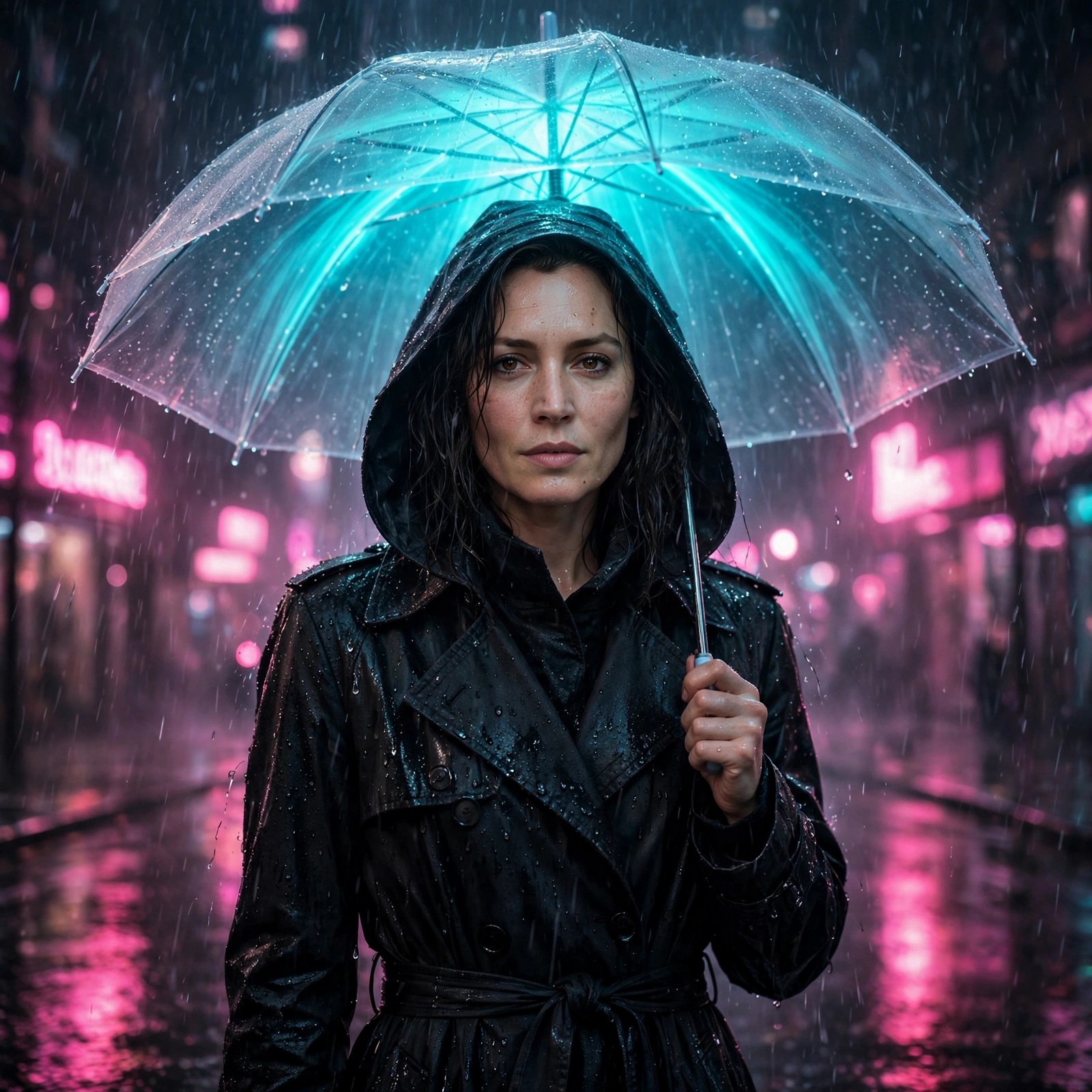 Woman with a glowing umbrella on a rainy neon-lit street at night, square DP