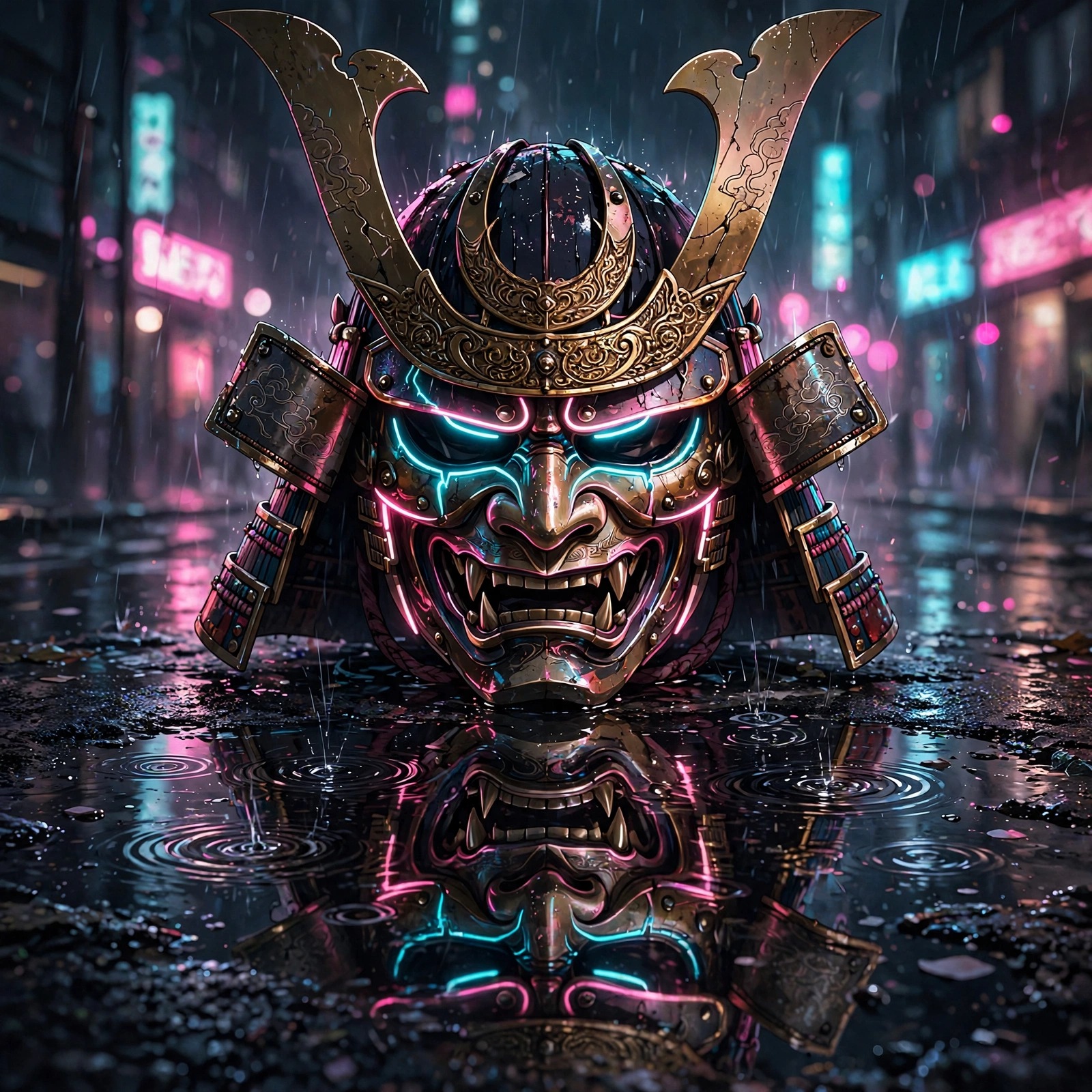 glowing samurai mask in neon rainy street anime dp