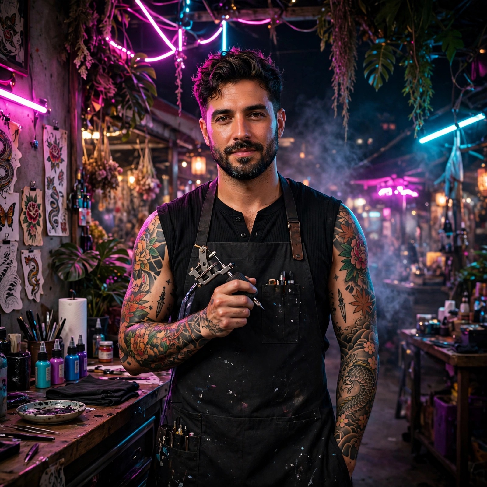 Confident tattoo artist attitude profile picture in a neon market