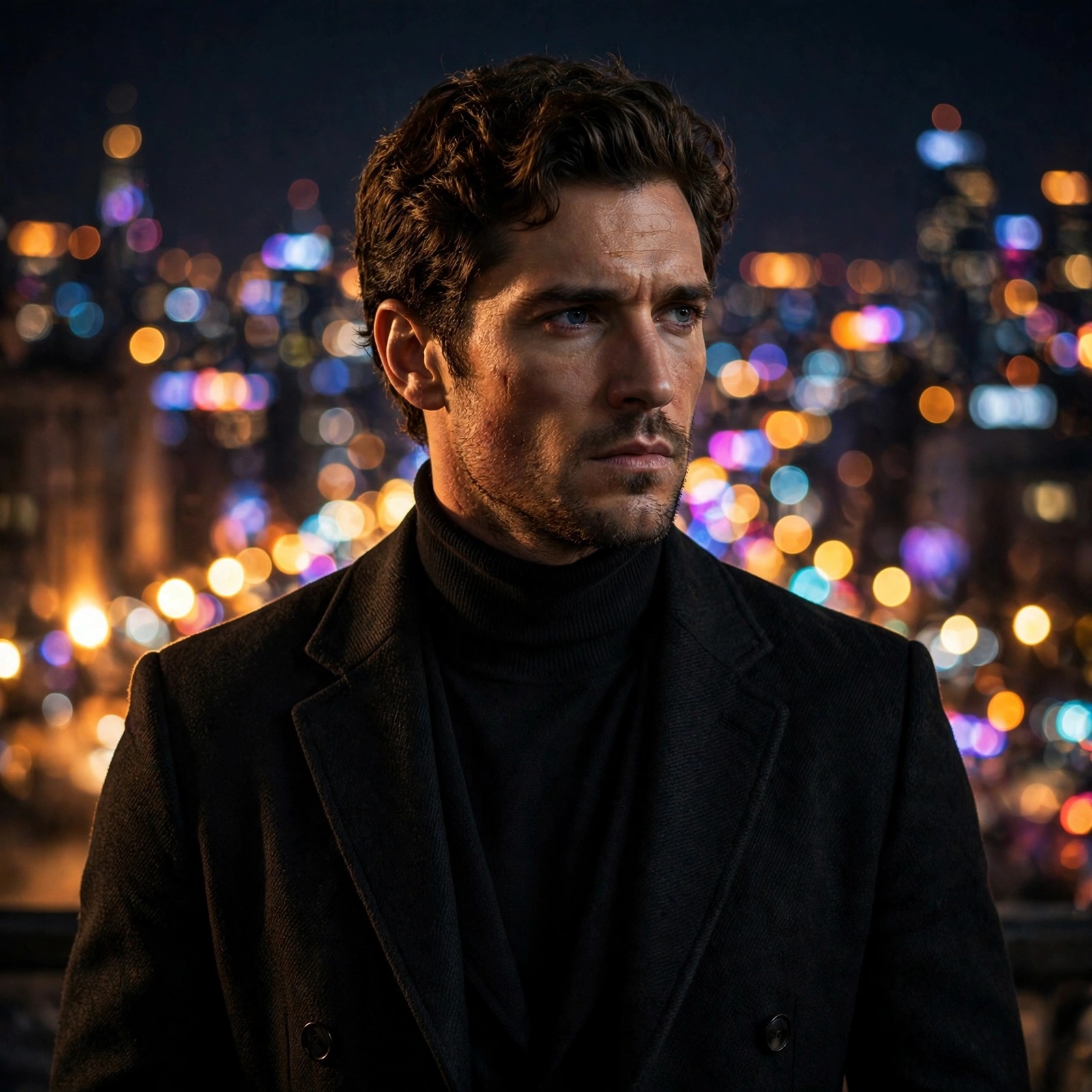 Night bokeh turtleneck profile picture — original AI artwork for WhatsApp DP