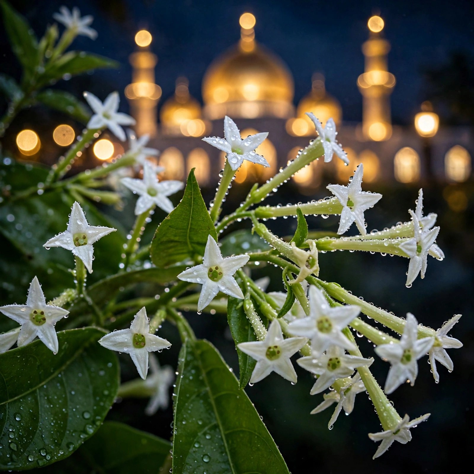 Night jasmine bloom with mosque bokeh lights