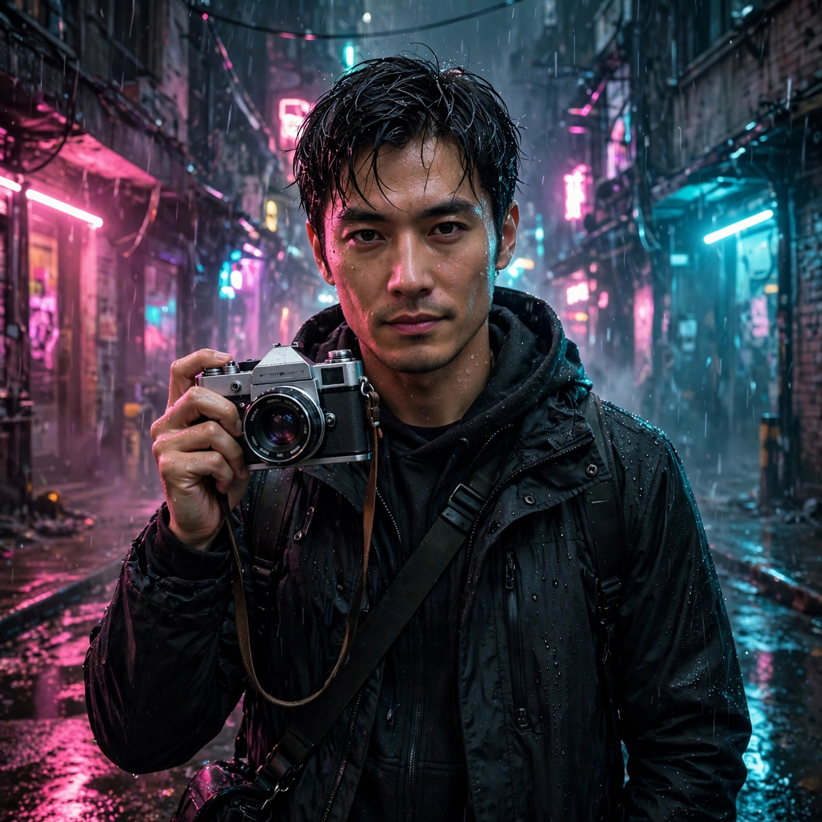 Street photographer with film camera in a rainy neon alley, attitude DP