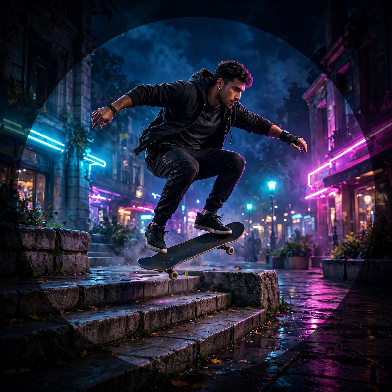 Confident skateboarder attitude profile picture in a night plaza