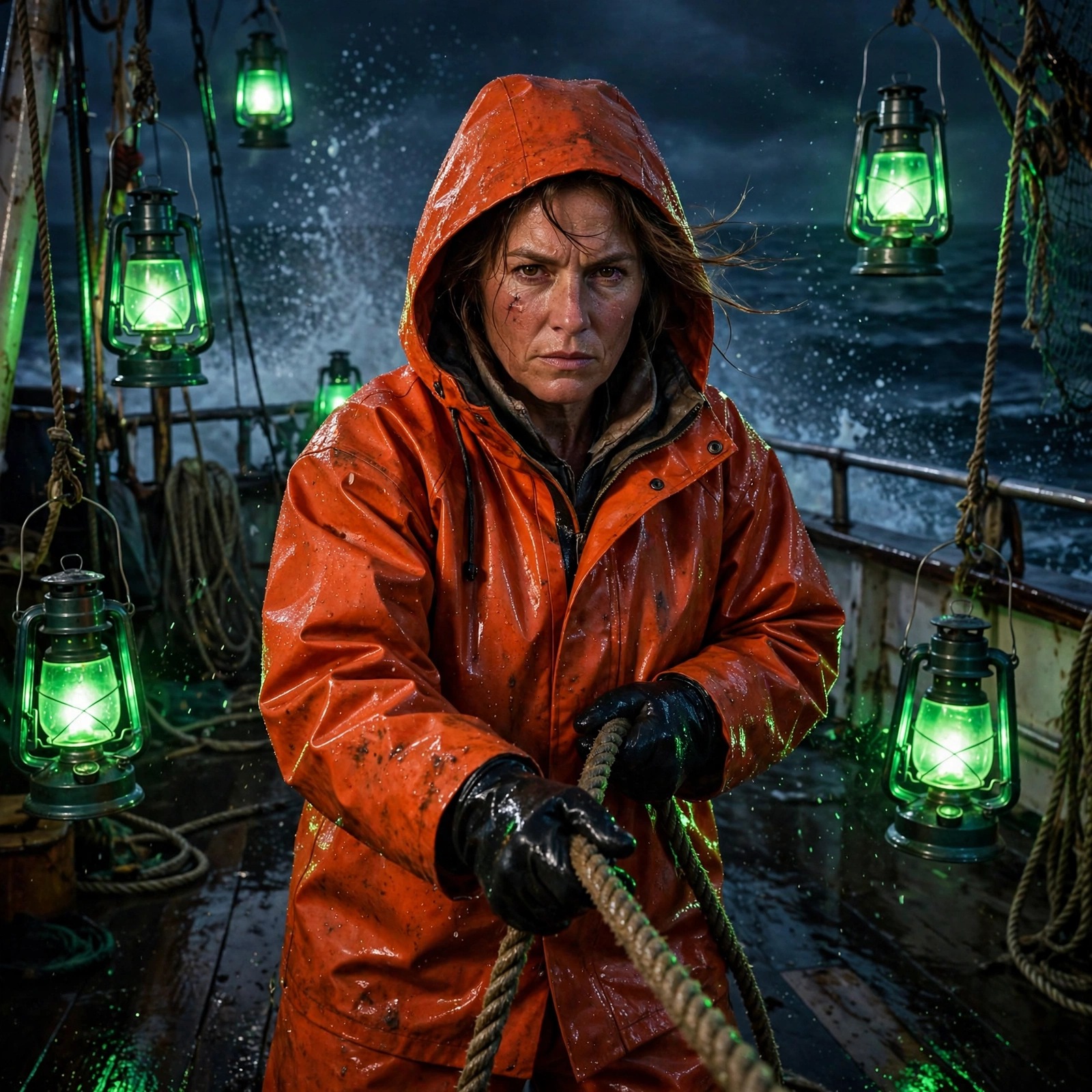 Fisherwoman in oilskin hauling rope on lantern-lit night trawler deck, attitude DP