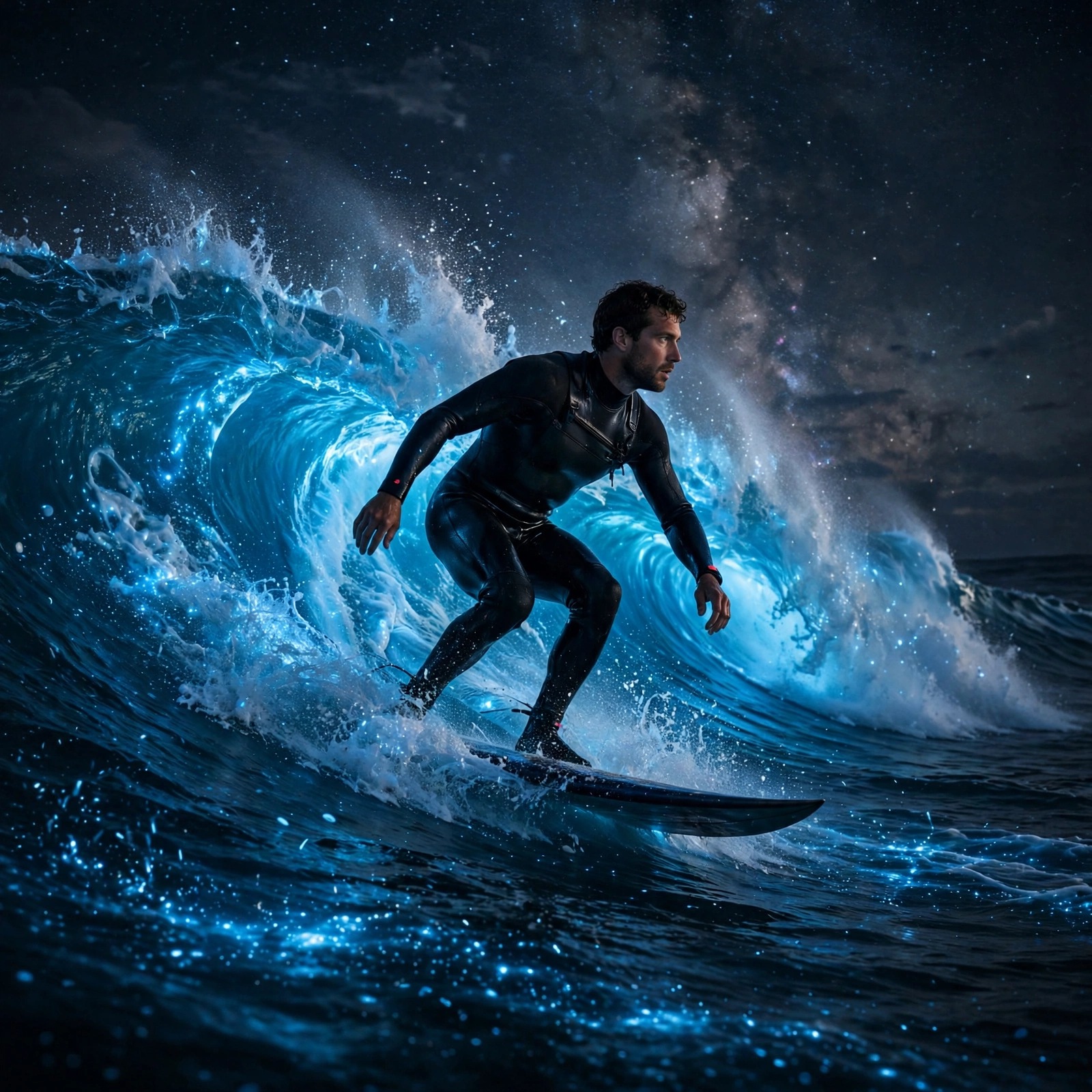 Night Surfer on a Bioluminescent Wave