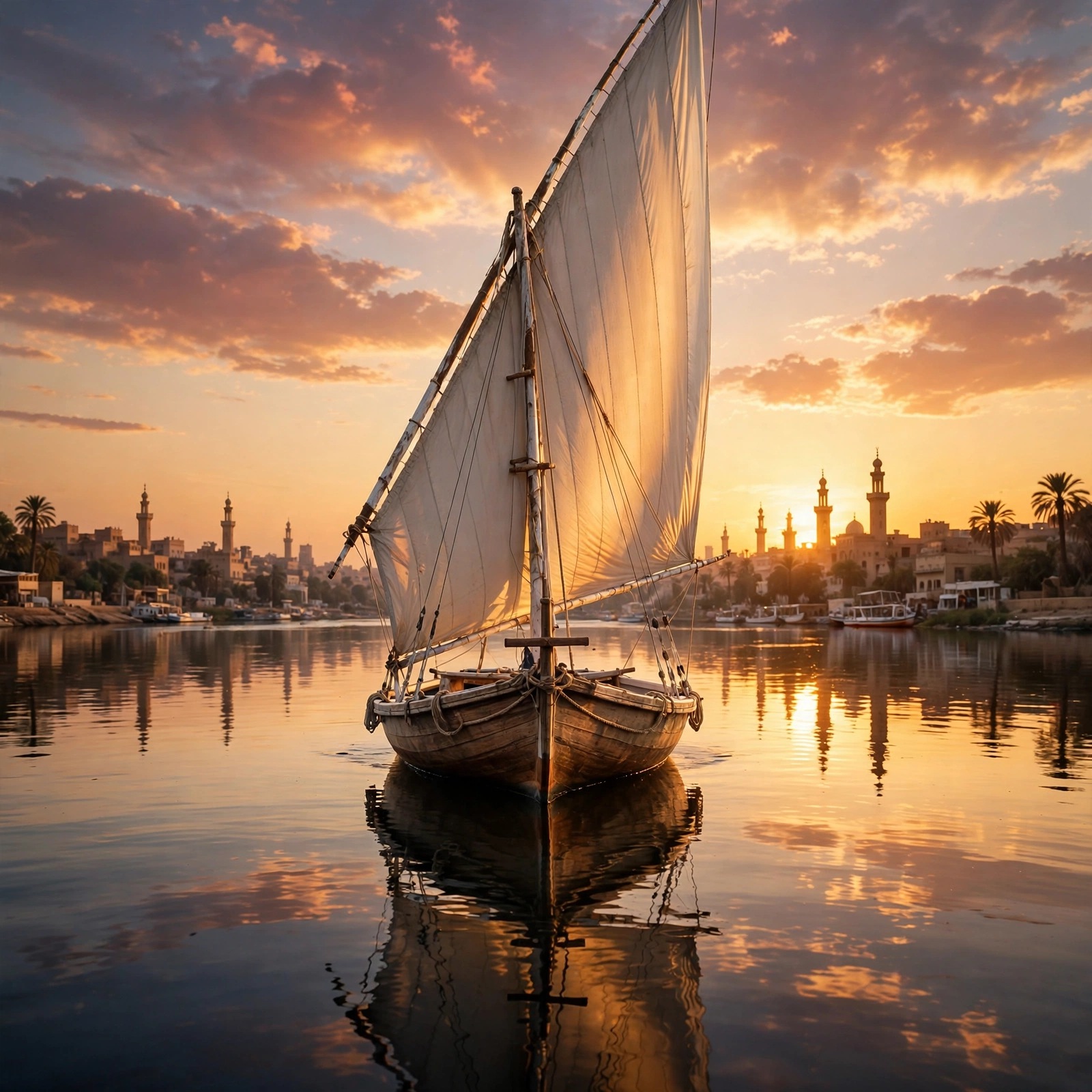 Felucca sailboat on the Nile at sunset with a minaret skyline