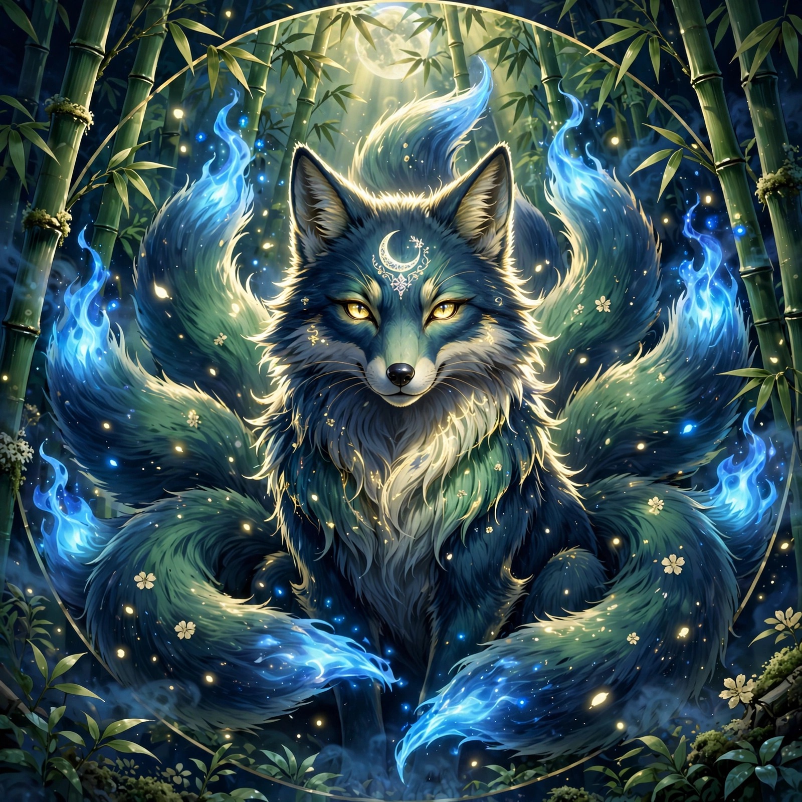 a mystical nine-tailed fox spirit with glowing blue spirit flames in a moonlit bamboo forest anime dp