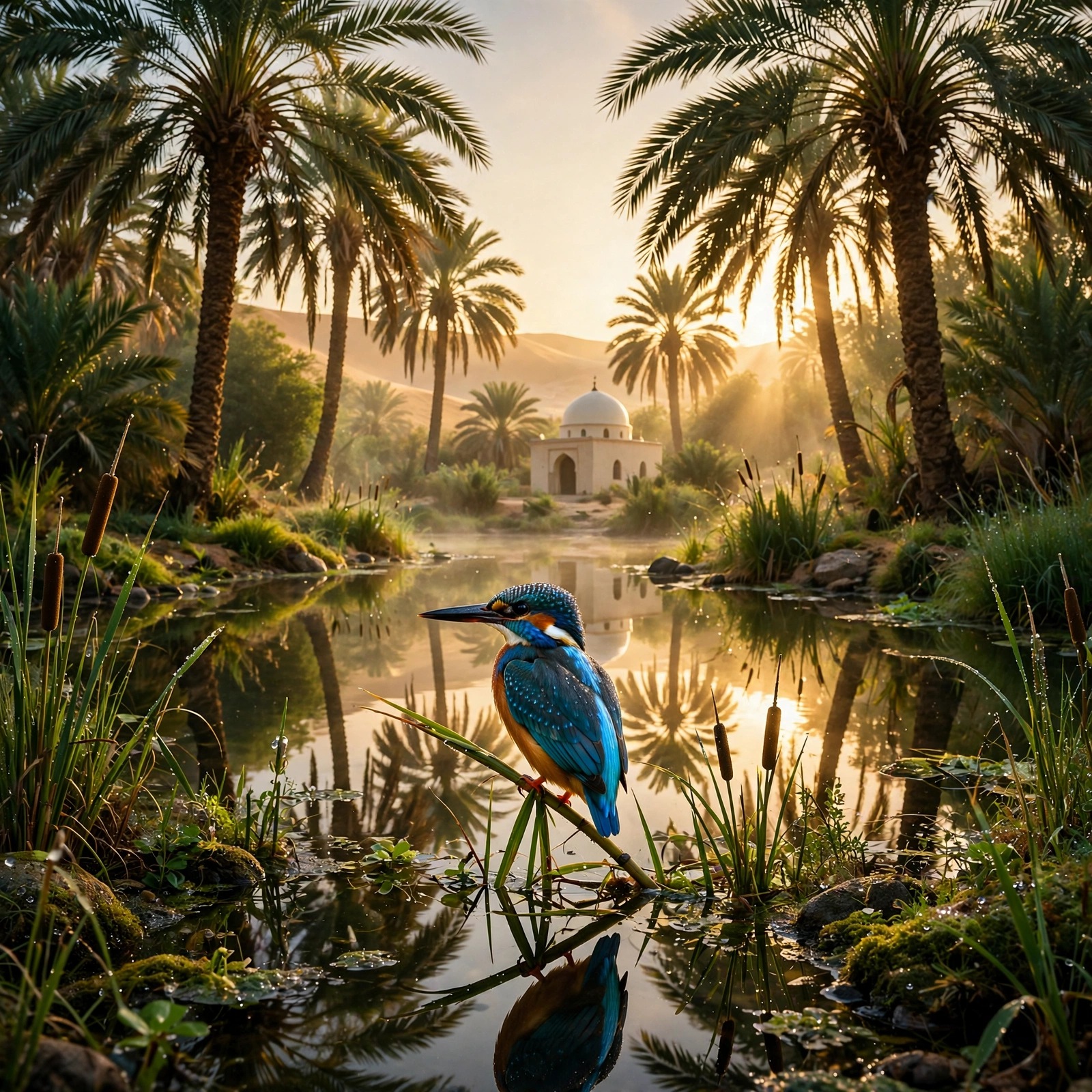 White-domed mosque among date palms at dawn with a kingfisher by the oasis water