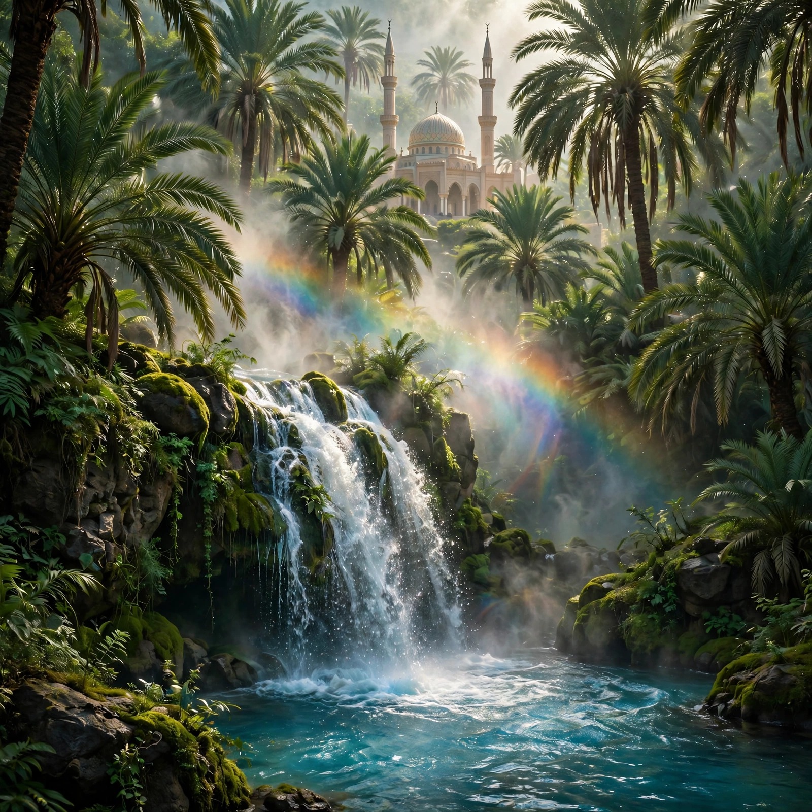 Oasis waterfall grove with a mosque