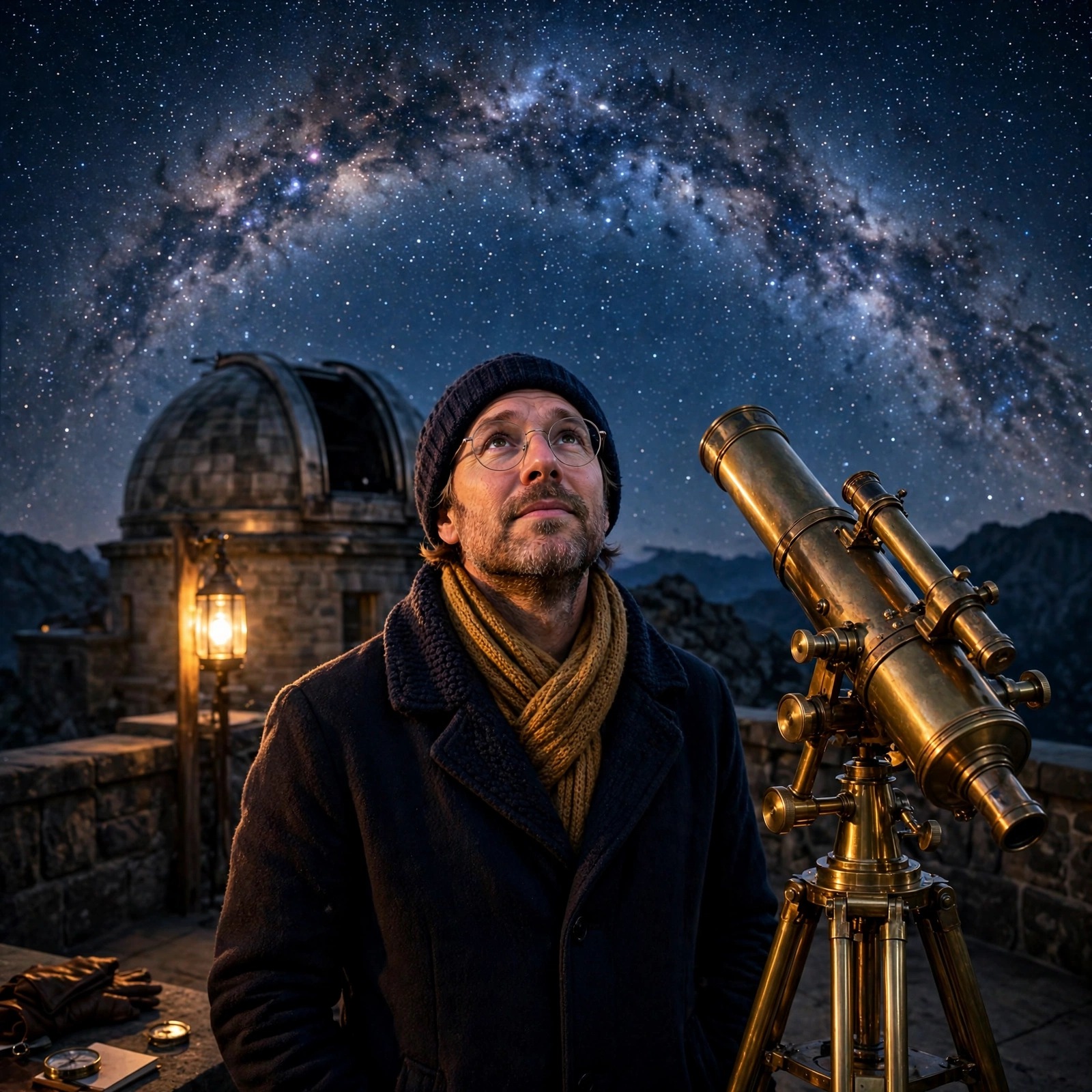 astronomer with brass telescope under milky way boys dp