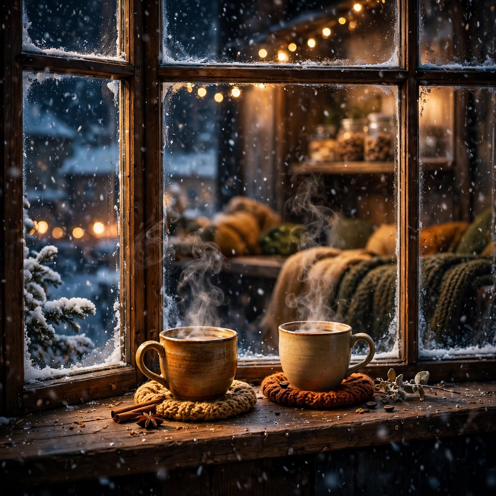 Snowy Cafe Window Night Glow - Aesthetic WhatsApp DP