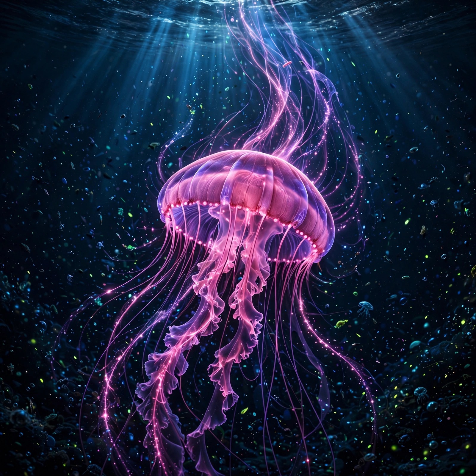 Glowing pink jellyfish drifting in the deep dark ocean