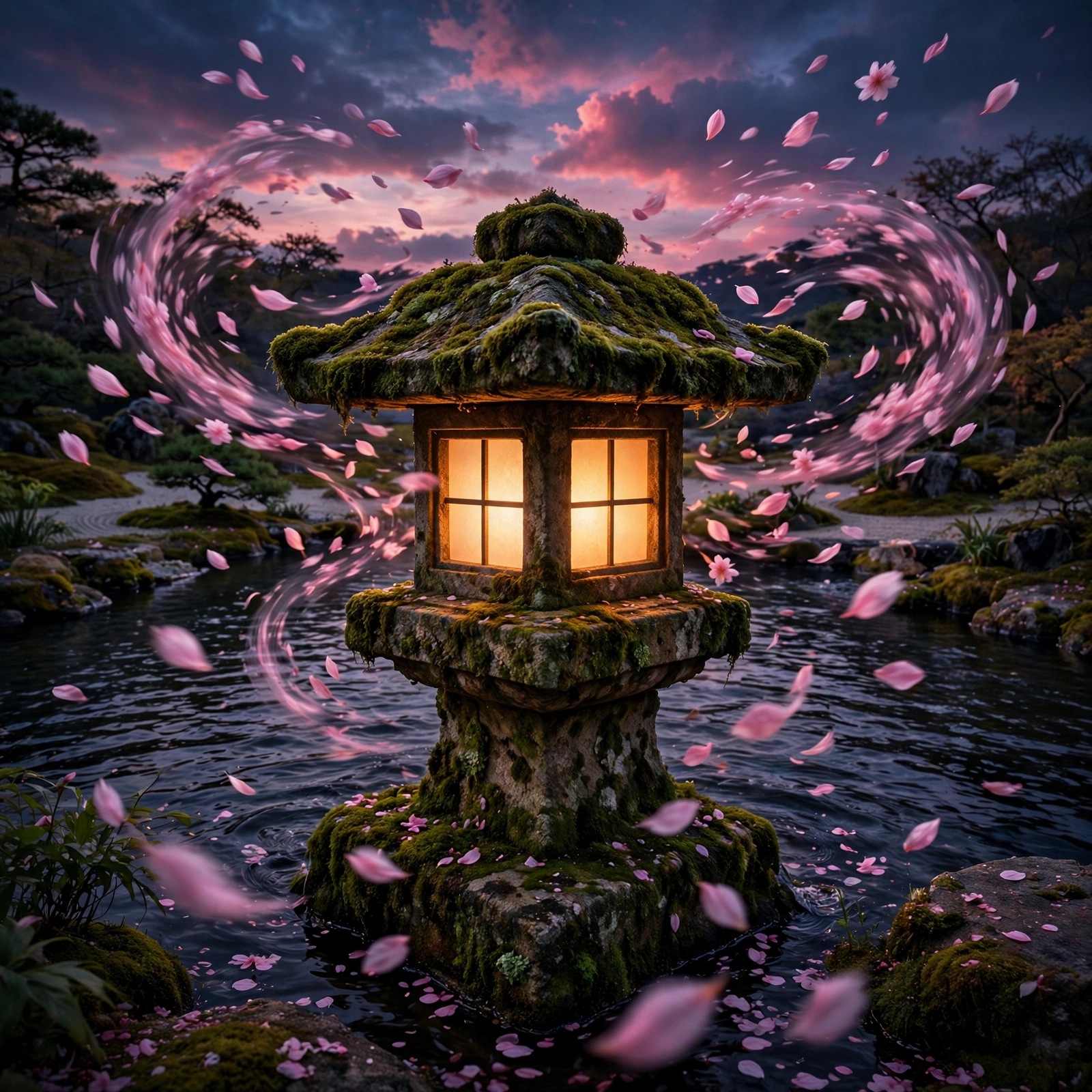Cherry blossom petals swirling around a glowing stone lantern in a zen garden