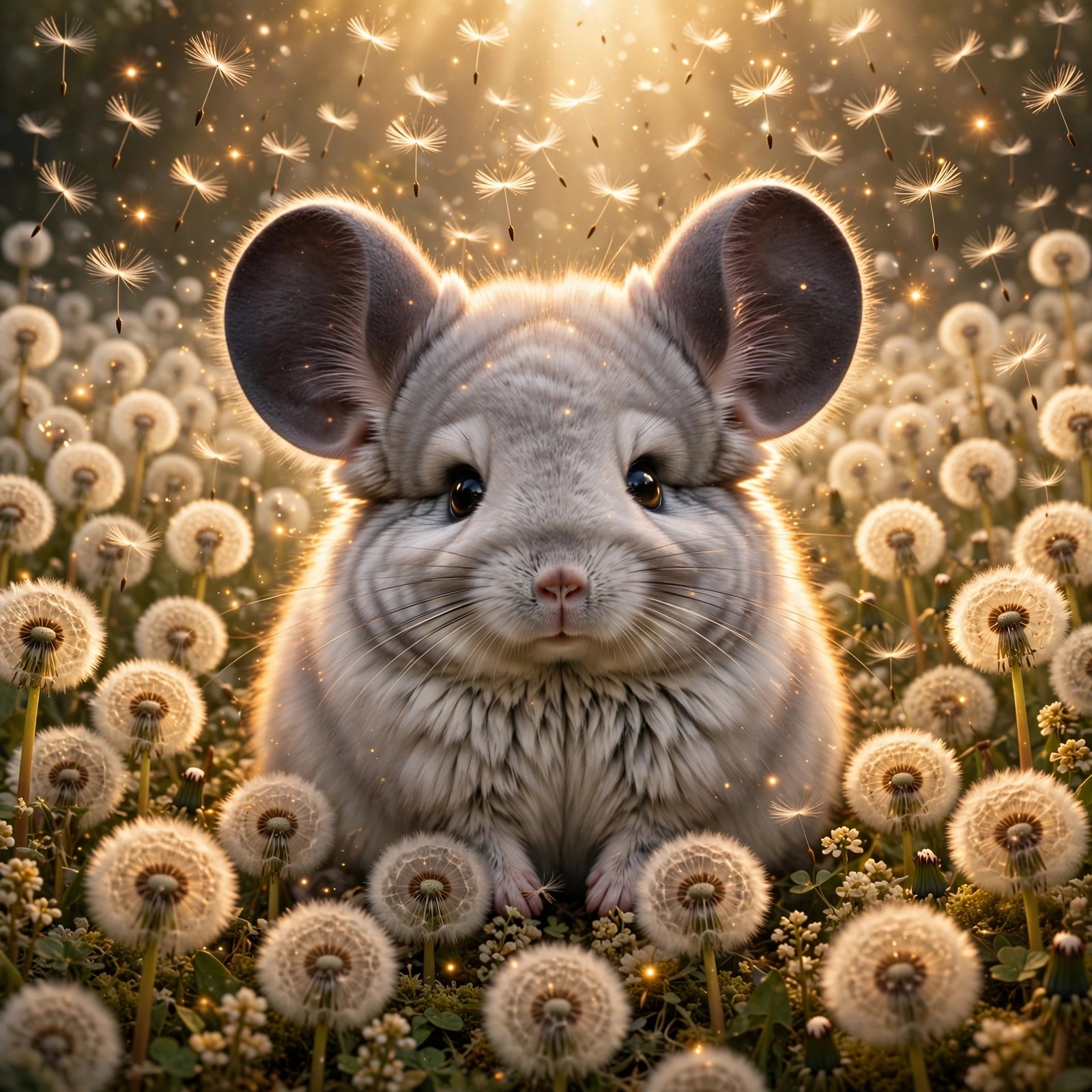 Fluffy chinchilla cub among glowing dandelion seed fluff at sunrise
