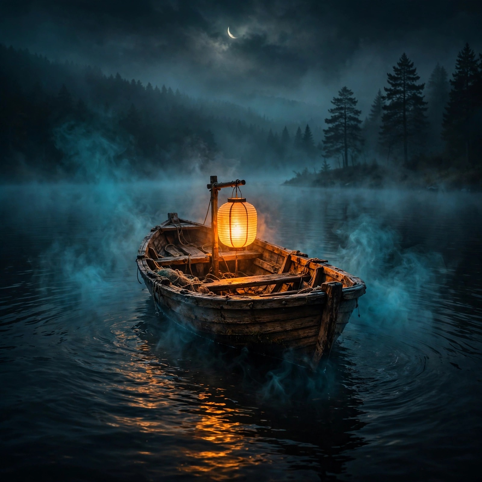 Lantern-lit wooden fishing boat on a foggy night lake under crescent moon, aesthetic WhatsApp DP