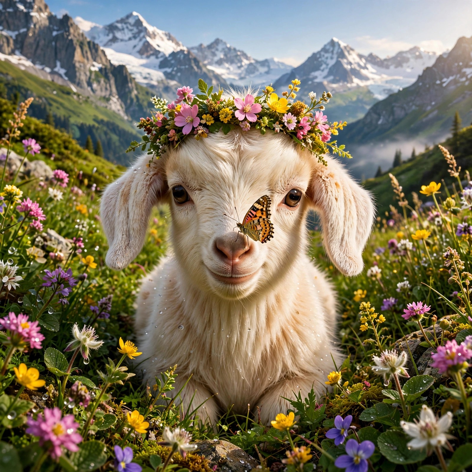 Baby goat kid wearing a wildflower crown in an alpine meadow