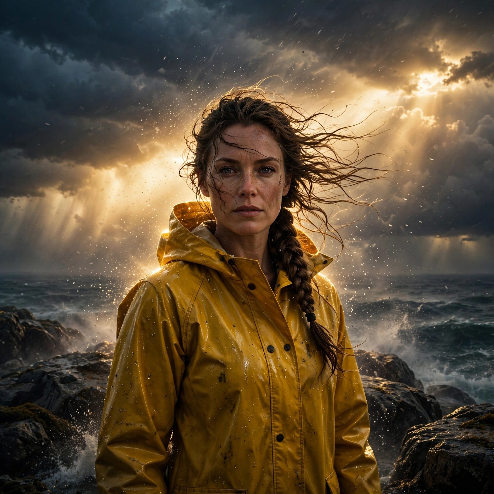 Woman lighthouse keeper in yellow coat on stormy cliff at golden hour, girls DP