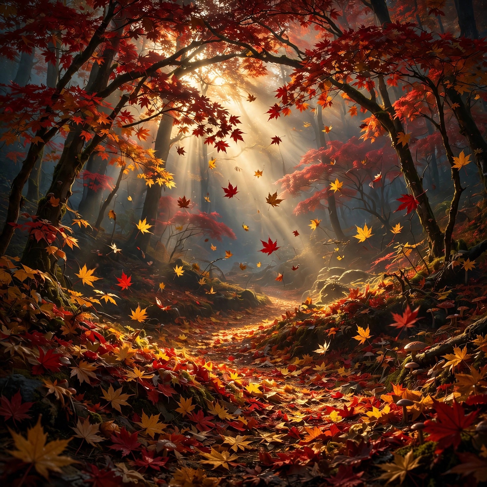 Autumn maple forest path with golden god-rays and falling red leaves