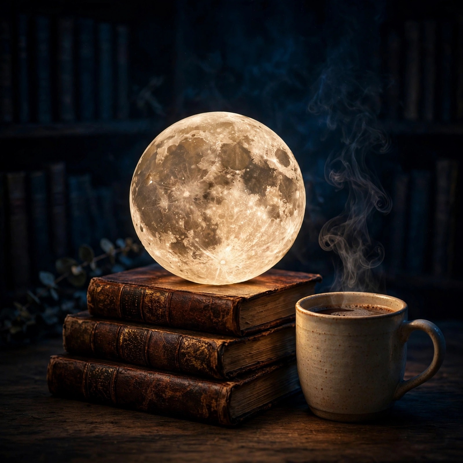 Glowing moon lamp on old books beside a steaming coffee mug